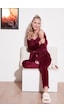 Lela Regular Fit Dantelli Yumuşak Dokulu Sabahlıklı Kadife Bayan Pijama Takımı 6095545 Bordo