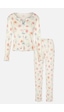 Kadın Pamuklu Çıtır Çiçek Desenli Baby Overloklu Fiyonk Detaylı Uzun Kollu Pijama Takımı Ko70142-1