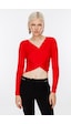 On Kadın Oversize V Yaka Crop Kazak - Uzun Kol Kırmızı