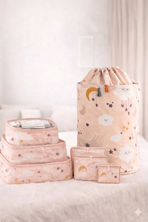 Morbebe Bebek Kirli Çamaşır Sepeti Oyuncak Sepeti I 6'lı Set Desenli Bavul Valiz İçi Çok Amaçlı Organizer Pembe