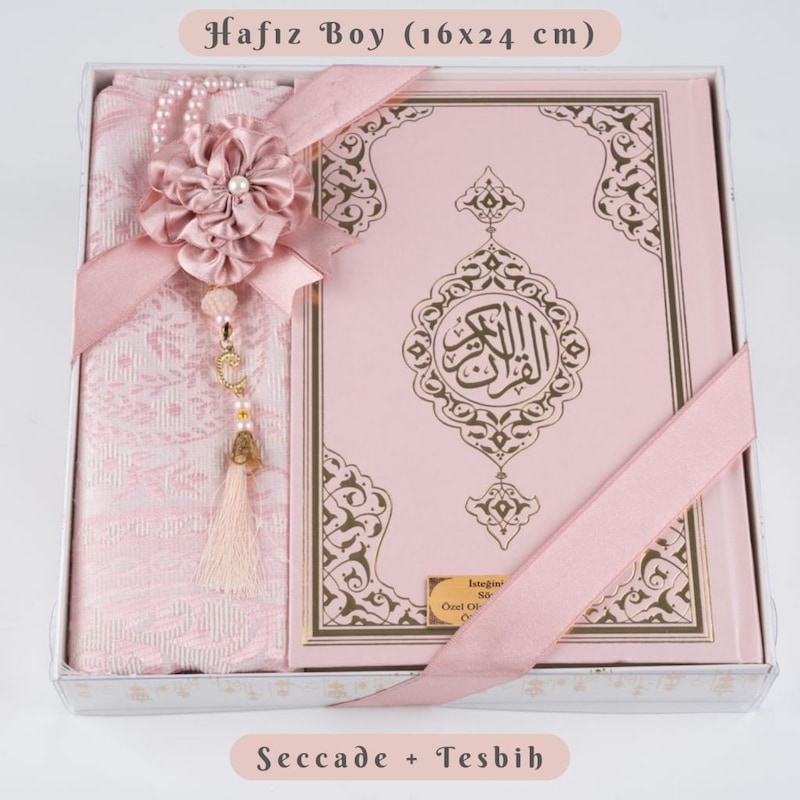 Kuran + Seccade + Tesbih Hediye Seti Hafız Boy- Ekonomik Cilt- Desenli Kutu- Pembe -1