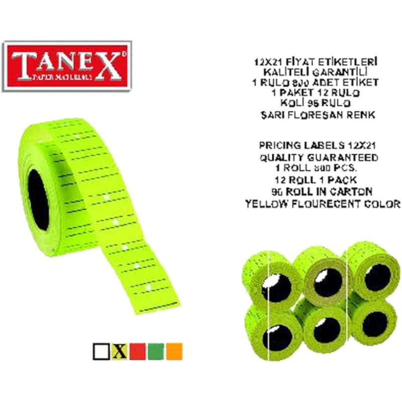 Tanex Fiyat Etiketi Çizgili 12x21 Fosforlu Sarı(6 Rulo) -1