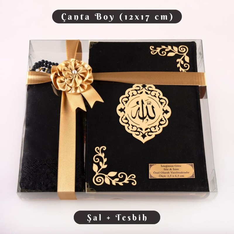 Şal + Tesbih + Kuran Hediye Seti Çanta Boy- Kadife- Şems Lafzatullah- Siyah -1