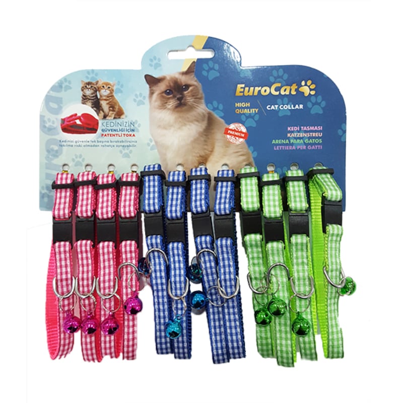 Eurocat Renkli Ekoseli Çıngıraklı Kedi Boyun Tasması 12'li -1