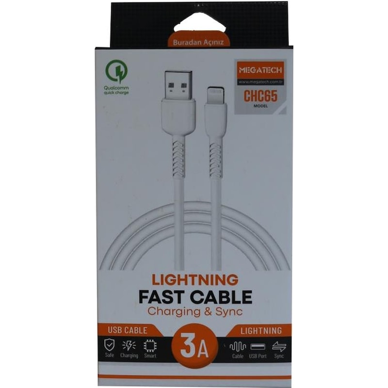 Megatech Chc65 3.0a 1mt Lightning Beyaz Şarj Kablosu -1