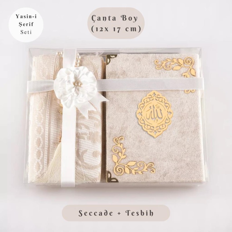 Yasin + Seccade + Tesbih Hediye Seti Çanta Boy- Raşel Cilt- Şemslafzatullah- Krem -1