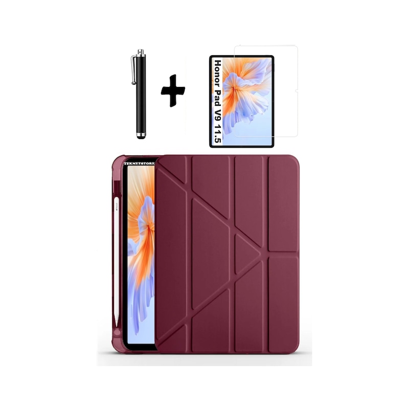 Honor Pad V9 11.5 Inç Uyumlu Kılıf Kalem Bölmeli Standlı Kılıf + Ekran Koruyucu + Kalem 3'lü Set Kapaklı Kılıf Mürdüm -1