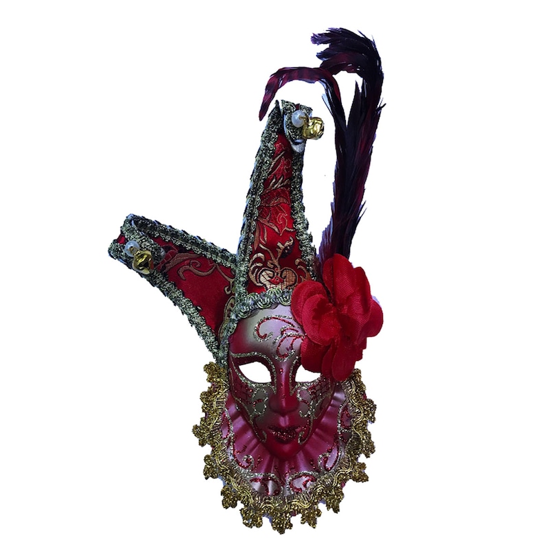 Parti Malzemesi Çıngıraklı Dekoratif Tüylü Seramik Maske Kırmızı Renk -1