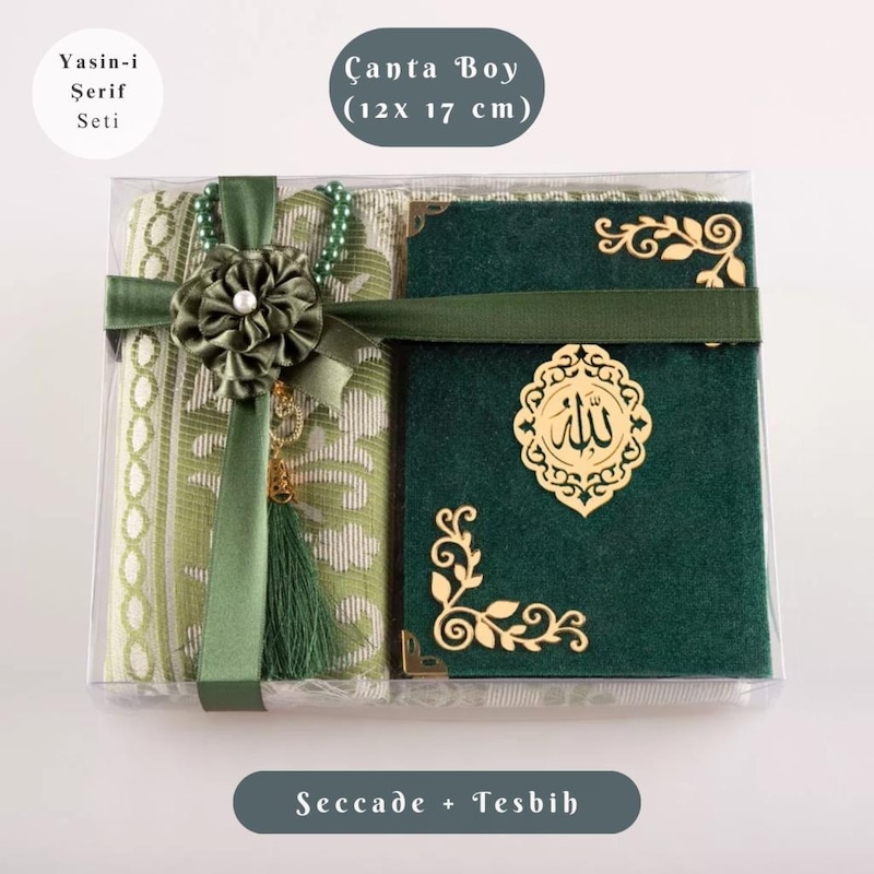 Yasin + Seccade + Tesbih Hediye Seti Çanta Boy- Raşel Cilt- Şemslafzatullah- Yeşil -1