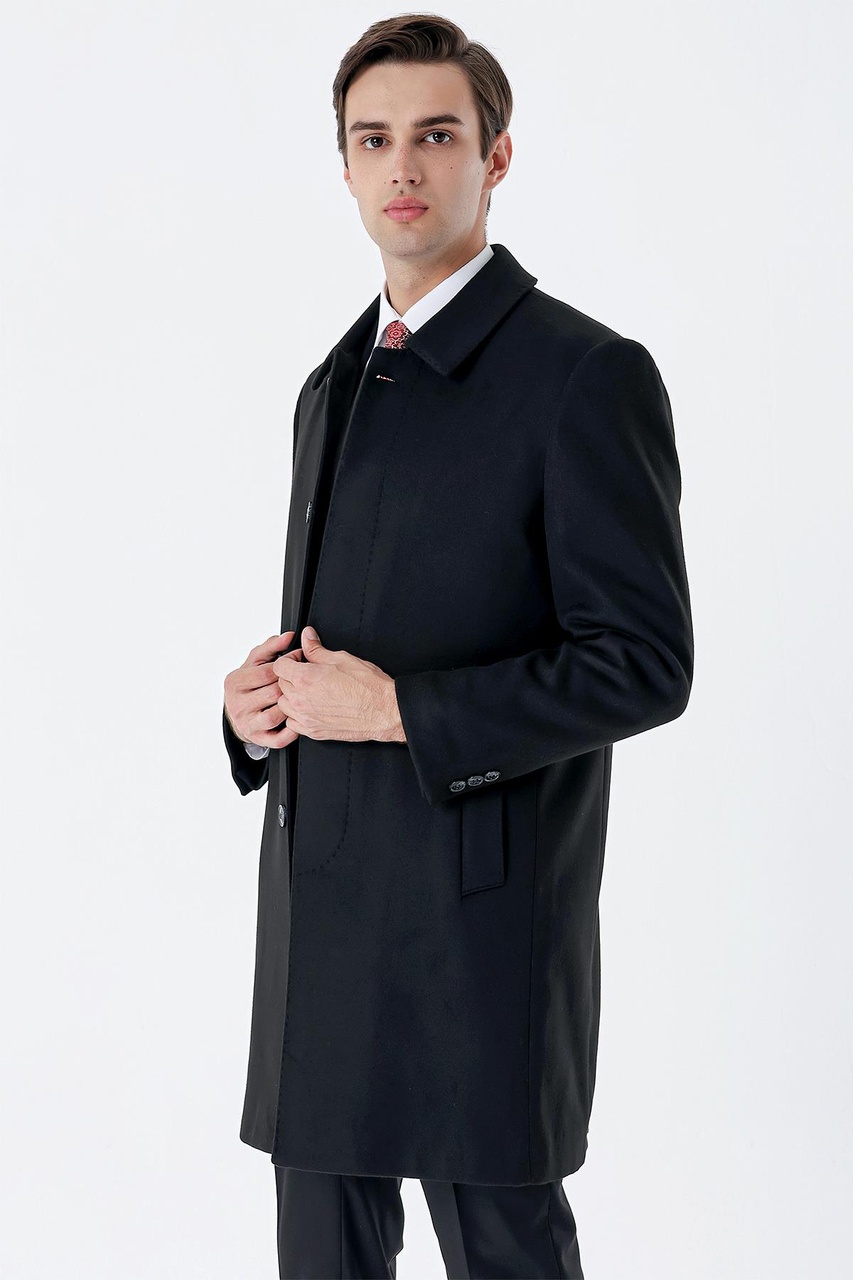 Siyah Kaşe Berberi Yaka Yırtmaçlı Comfort Fit Rahat Kesim Klasik Palto 1005235252-siyah