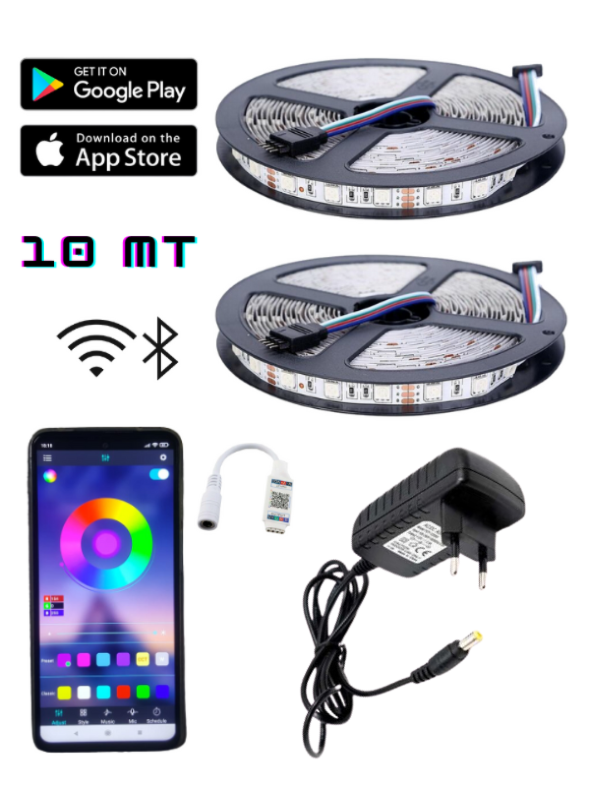 Bluetooth Özellikli Sese ve Müziğe Duyarlı RGB Şerit Led 10 Metre İç Mekan Tak Çalıştır Set