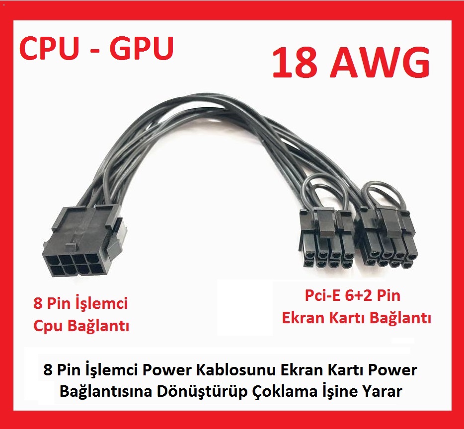 Alpha 18 AWG PCI- E Molex Cpu Gpu 8 Pin İşlemci Ekran Kartı Dönüştürücü Kablo