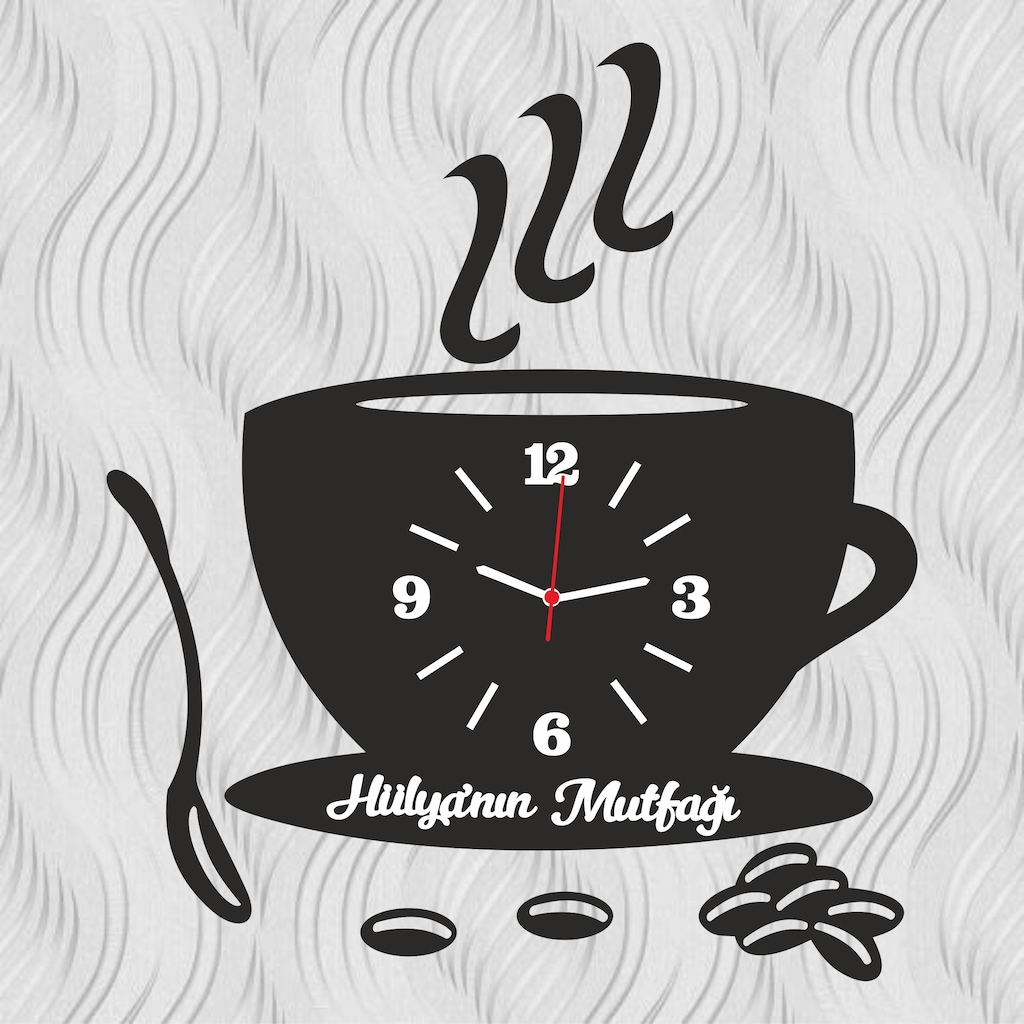 Kahve Fincanlı 6Mm Mutfak Duvar Saati - Isim Yazılı Kişiye Özel