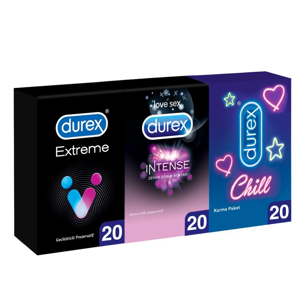 Durex Extreme Geciktricili + Uyarıcı Jel + Chill Karma Paket Prezervatif 20'li
