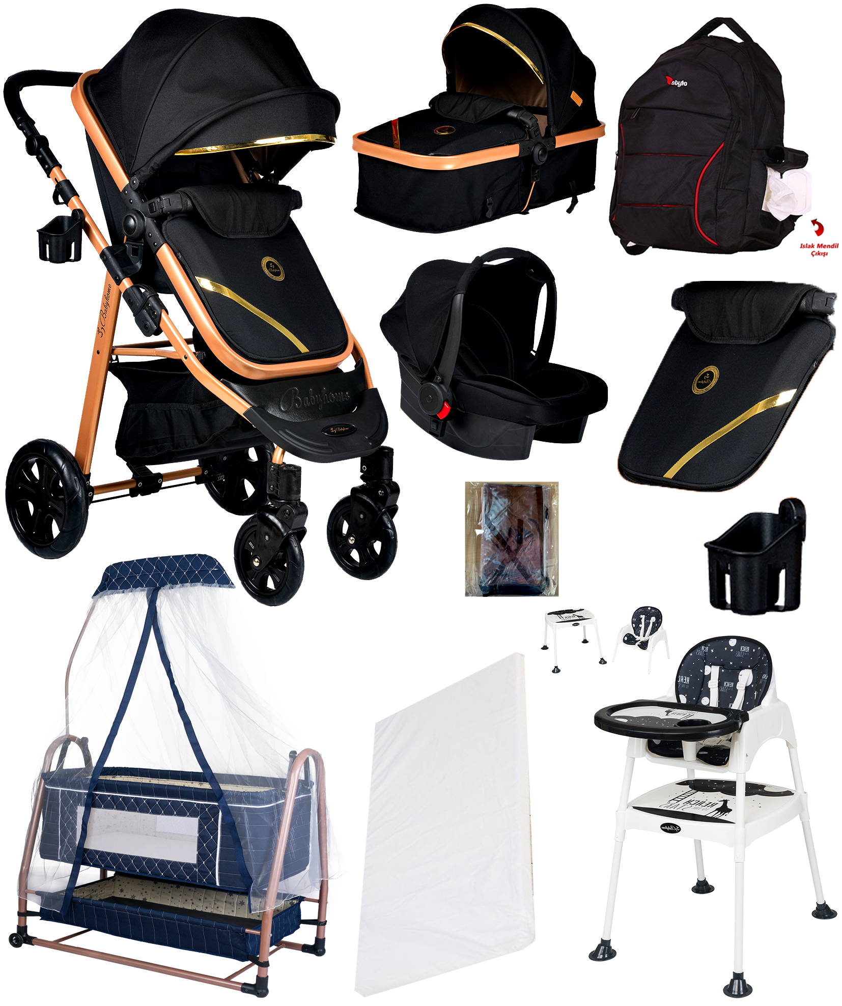 Baby Home 10 in 1 Yeni Ekonomi Paketi 940 Corso Travel Sistem Bebek Arabası 505 Bebek Sepeti Anne Yanı Beşik 1450 Mama Sandalyesi