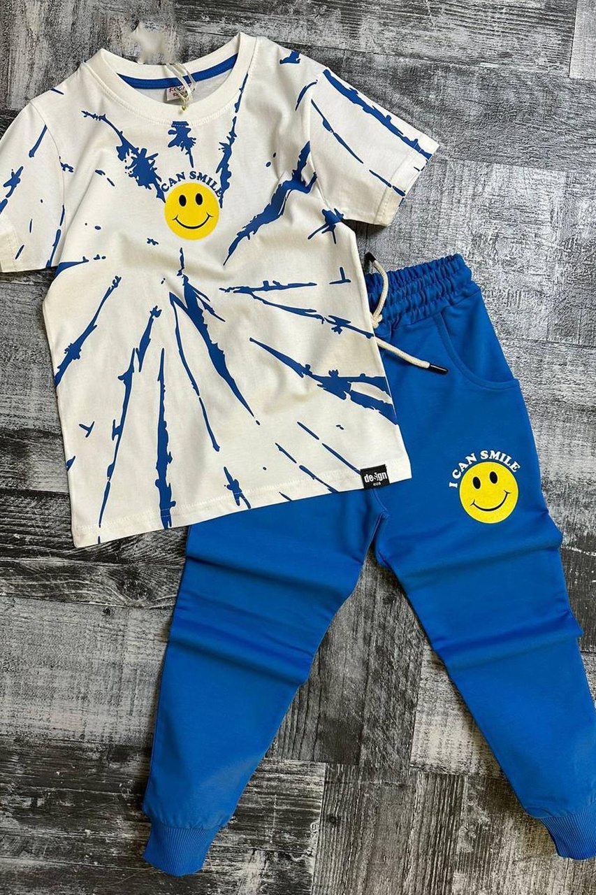 Riccotarz Erkek Çocuk Smile Emoji Baskılı Mavi Eşofman Takım 001