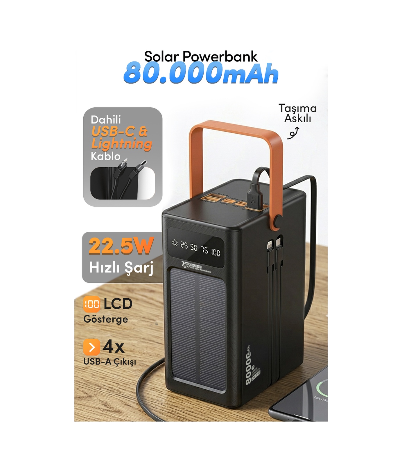 7GO GPW-10 80000mAh Güneş Enerjili Powerbank PD 22.5W Hızlı Şarj – Dahili Kablolu, 4 USB Çıkışlı Taşınabilir Şarj Cihazı