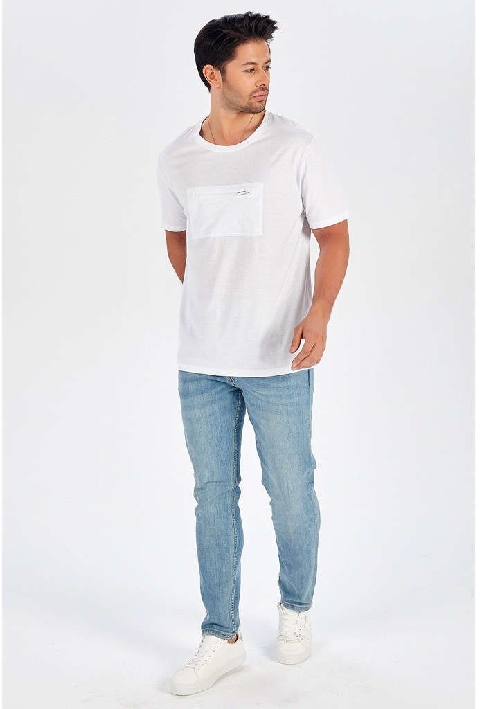 Peraluna Ön Orta Fermuarlı Düz Kesim Beyaz Erkek T-Shirt-Beyaz