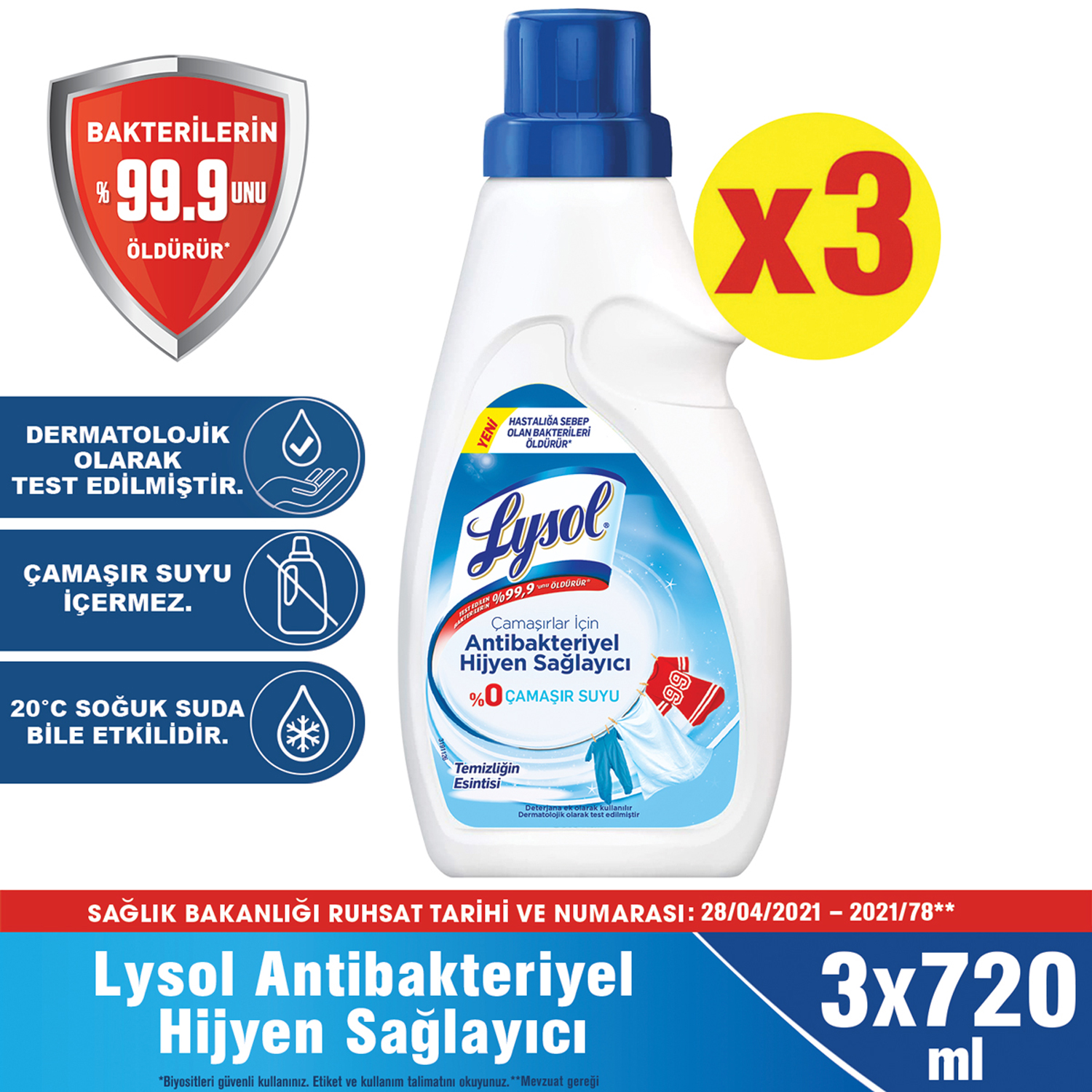 Lysol Çamaşırlar İçin Antibakteriyel Hijyen Sağlayıcı 3 x 720 ML