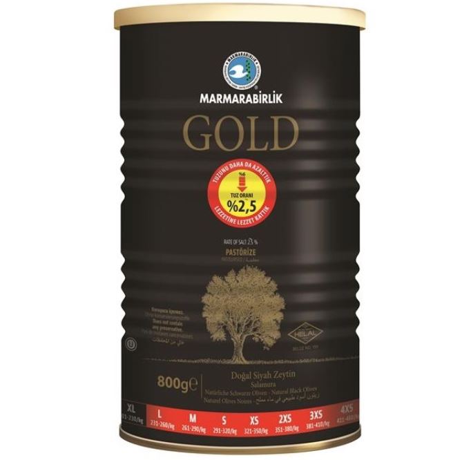 Marmarabirlik Gold Doğal Az Tuzlu Salamura Mega 201-230 XL Siyah Zeytin Teneke 800 G