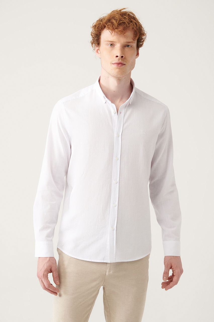 Avva Düğmeli Yaka Comfort Fit Pamuk - Keten Dokulu Erkek Gömlek Beyaz E002141