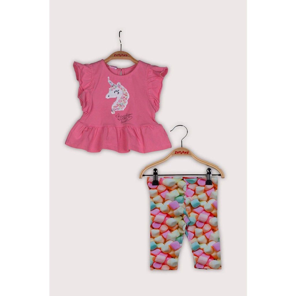Zeyland Kız Bebek Kolları Fırfırlı Pullu T-Shirt Ve Tayt Takım (12Ay-5Yaş