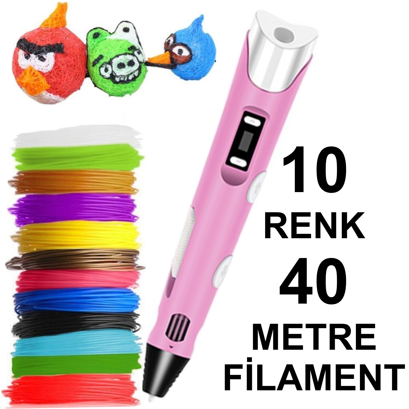 Pembe 3D Kalem Yazıcı+10 Renk 40 Metre (10X4Metre) Pla Filament