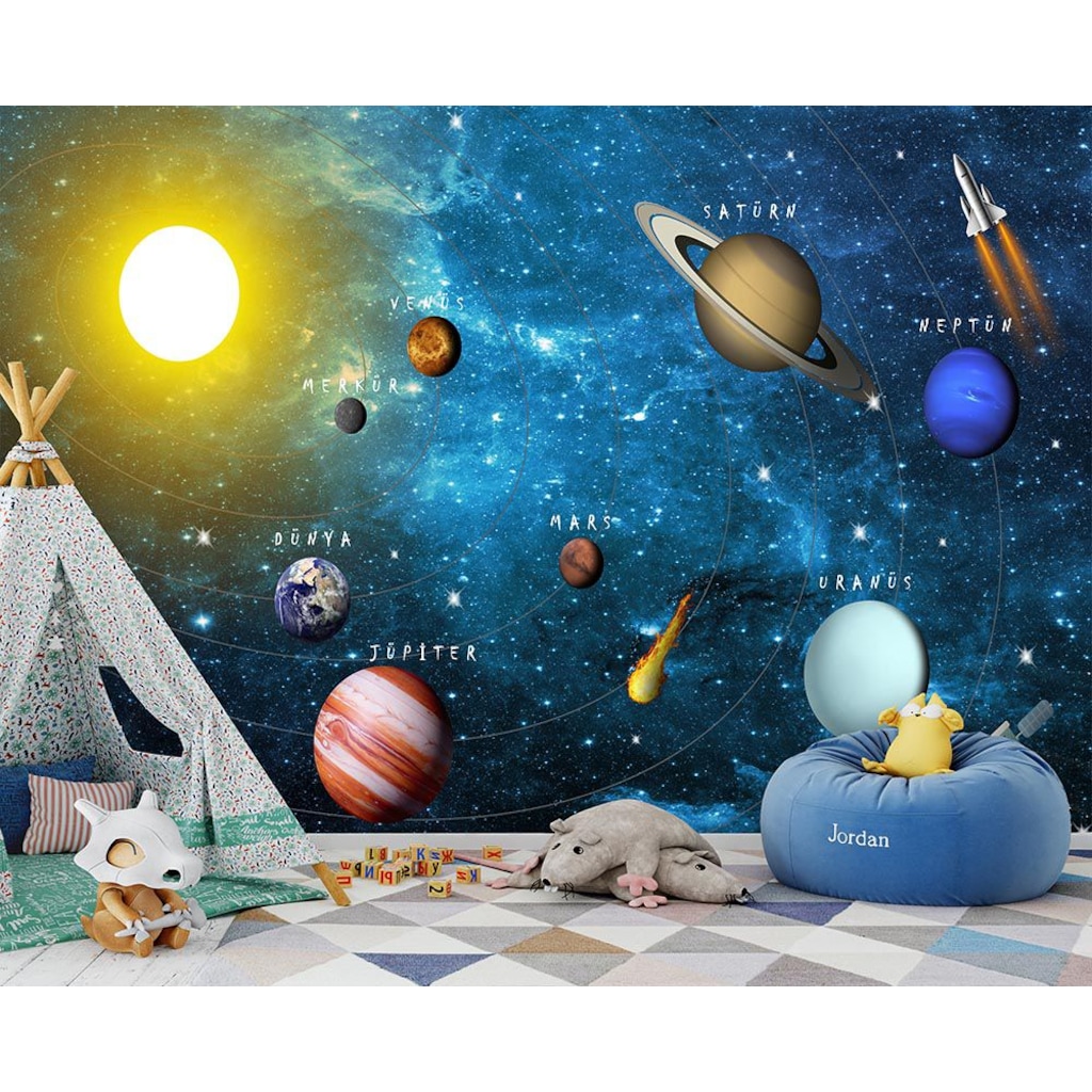 Çocuk Odaları İçin Gezegenler-Güneş Sistemi Eğitici Duvar Kağıdı