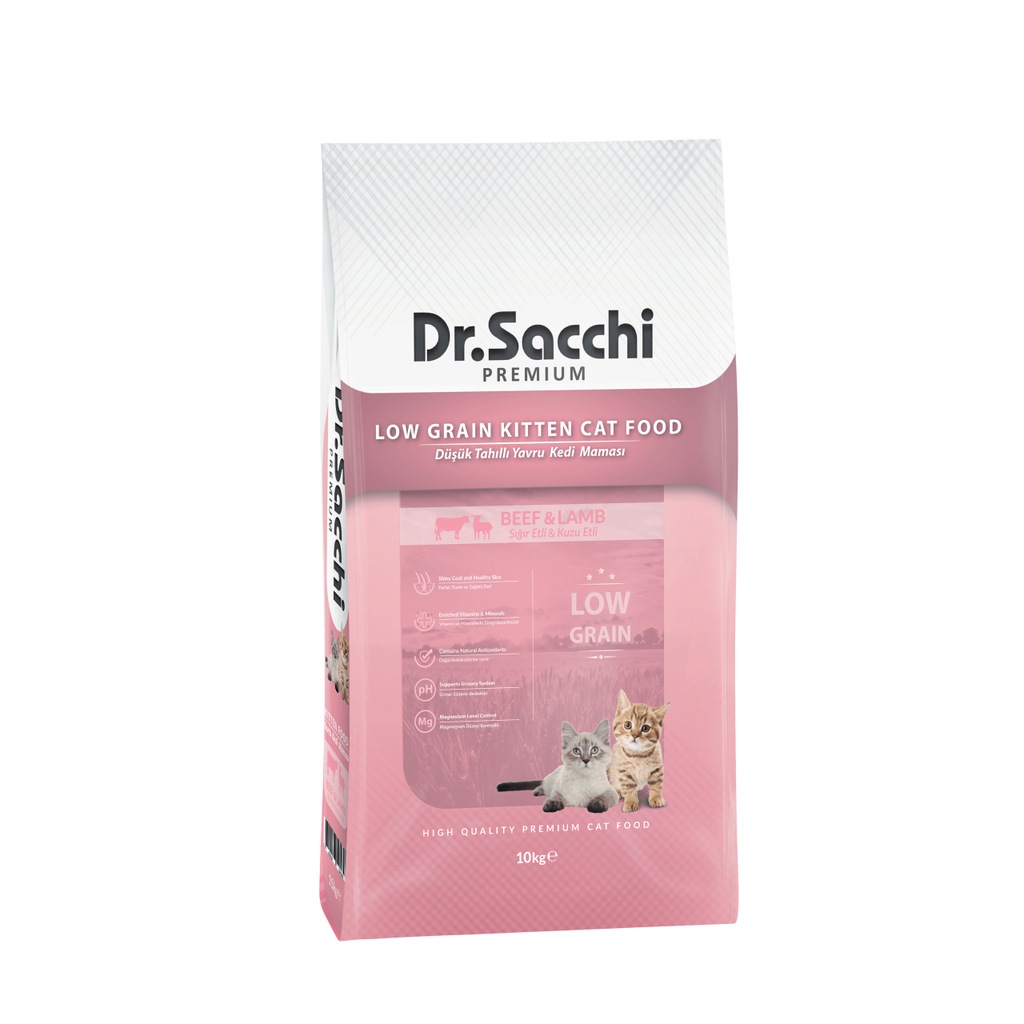 Dr.Sacchi Premium Düşük Tahıllı Sığır ve Kuzu Etli Yavru Kedi Maması 10 KG