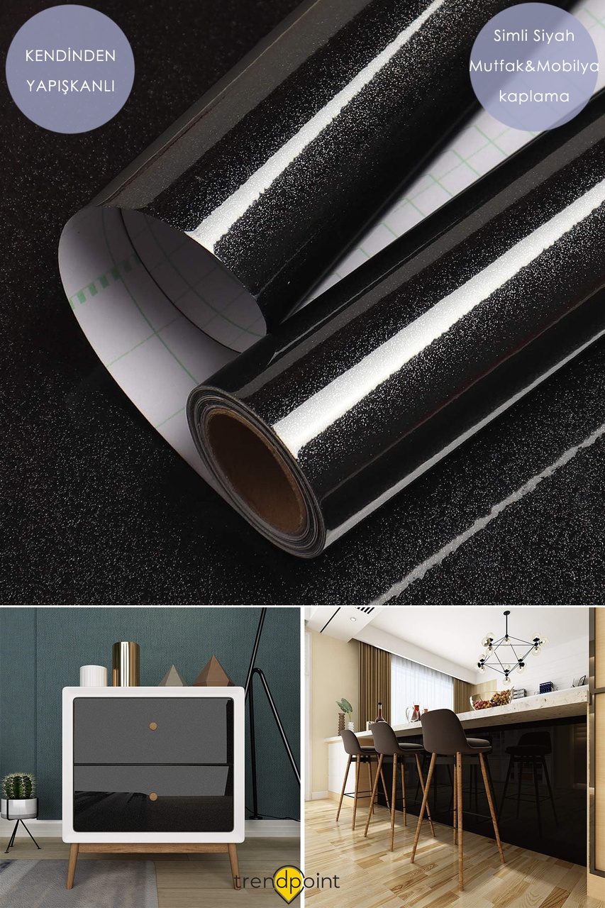 Trendpoint Kendinden Yapışkanlı 60cm 100cm Simli Siyah Duvar Kağıdı Mutfak Tezgah Dolap Masa Kaplama