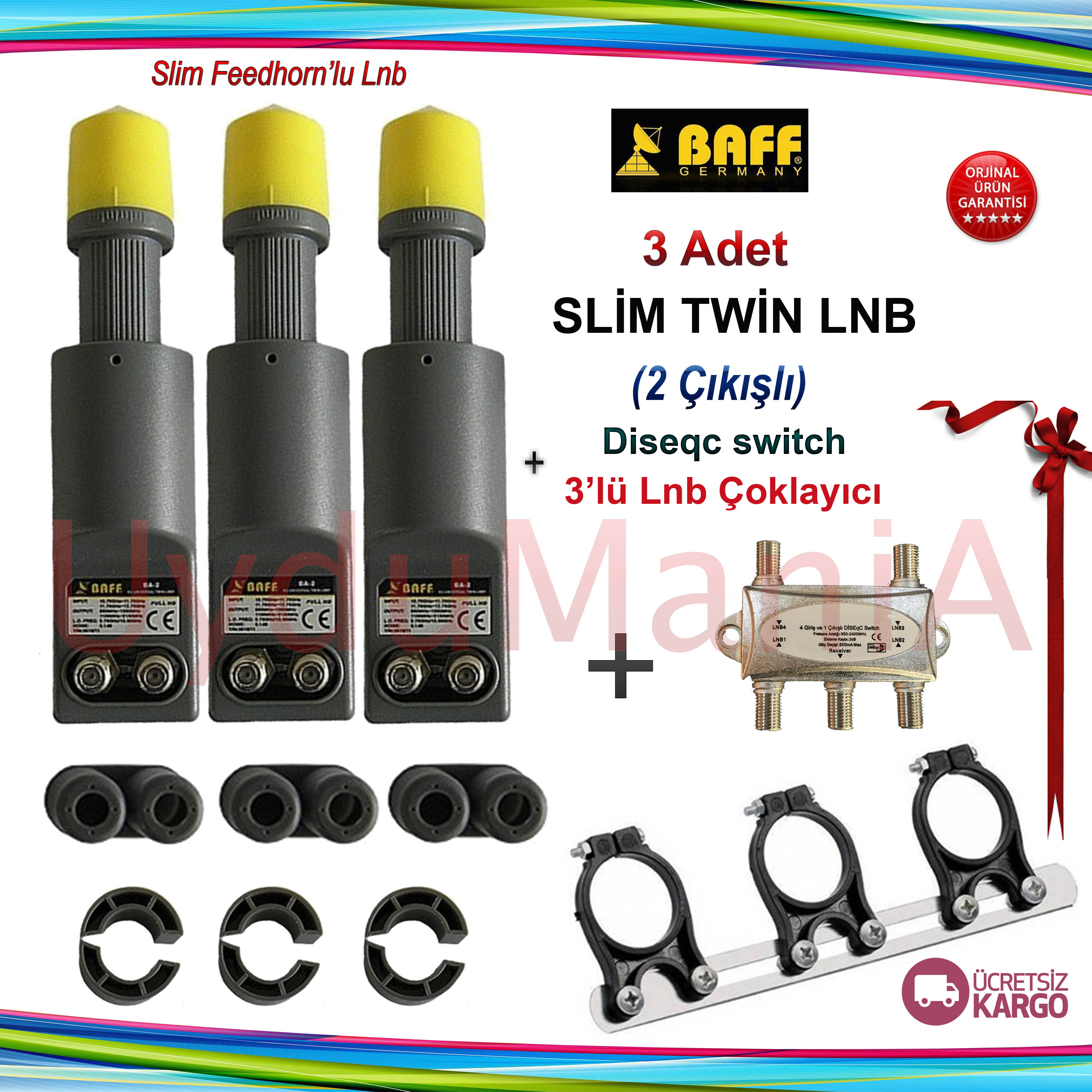 3 Adet Baff Slim Çiftli Lnb + 3'lü Lnb Çoklayıcı + Diseqc Switch