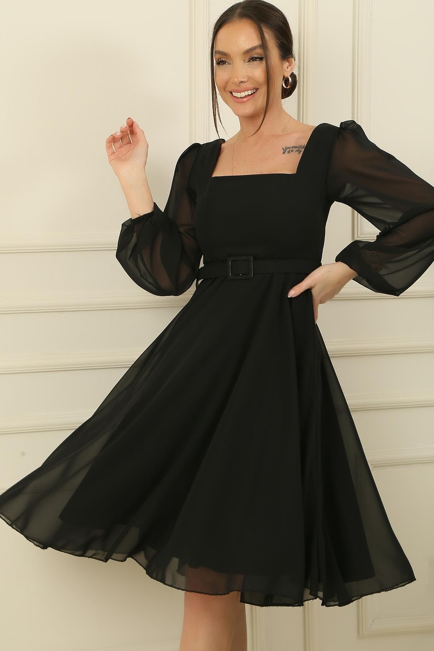 Kare Yaka Astarlı Beli Kemerli Şifon Elbise-35871-siyah