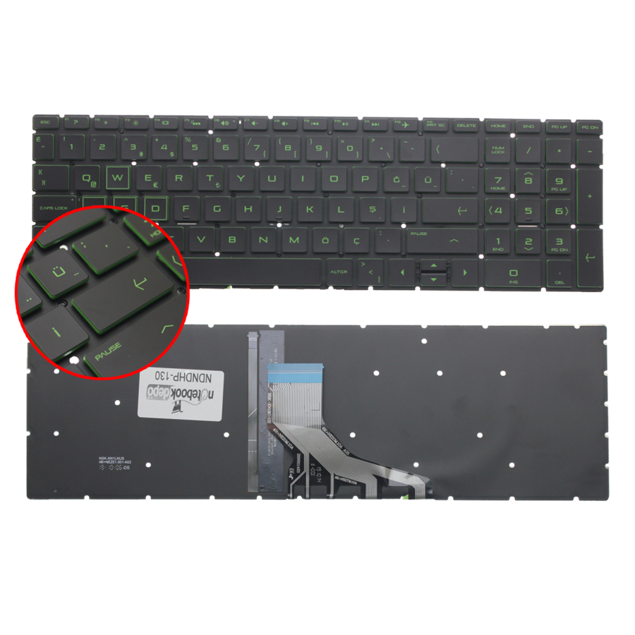 HP Uyumlu Pavilion Gaming 15-dk0005nt 6ZL09EA Notebook Klavye Işıklı (Siyah TR) (Pars Power) Siyah - Yeşil Işıklı 271548