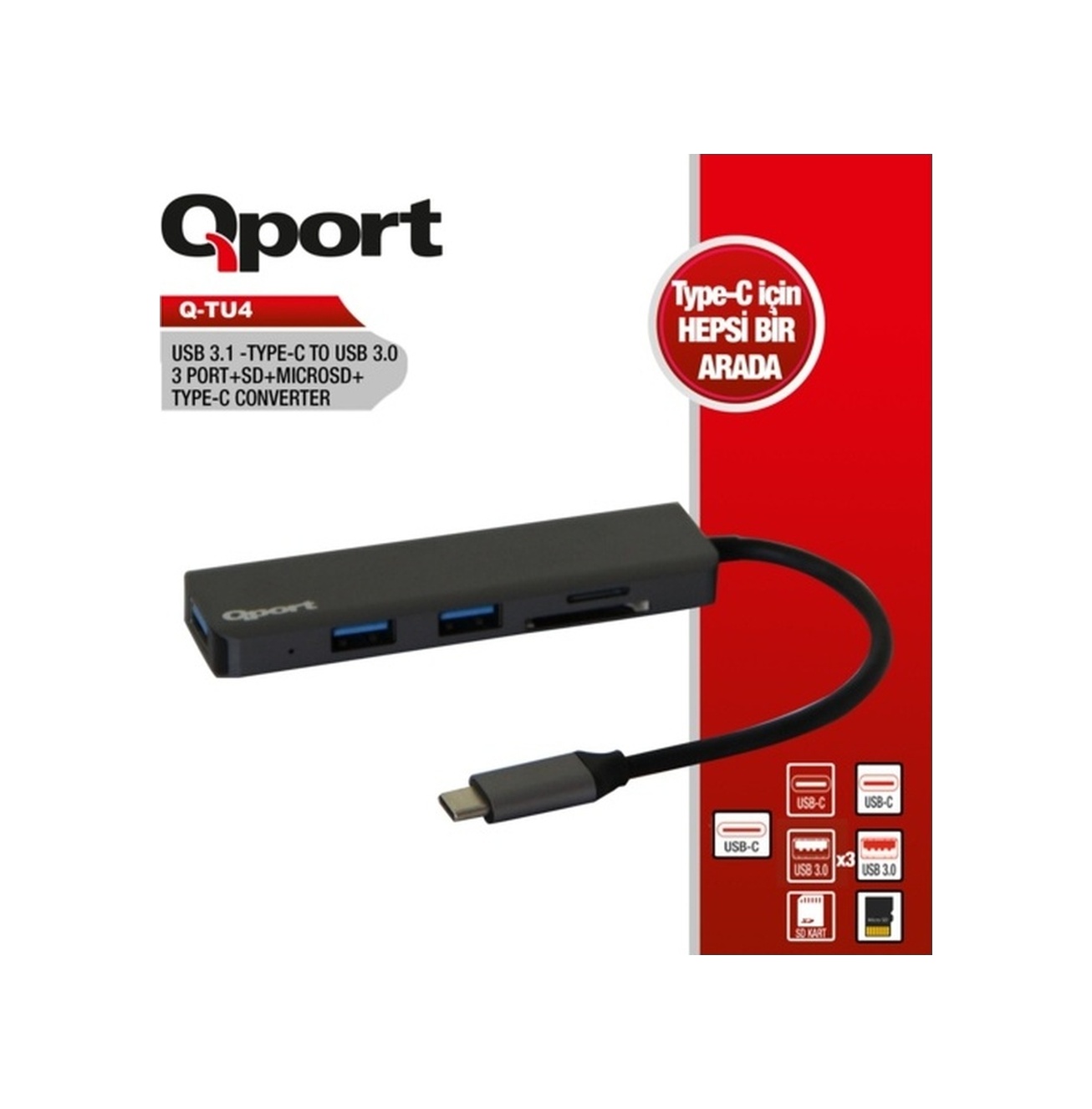 Qport Q-Tu4 Type-C To Usb 3X3.0Port+Type-C (F) Çev
