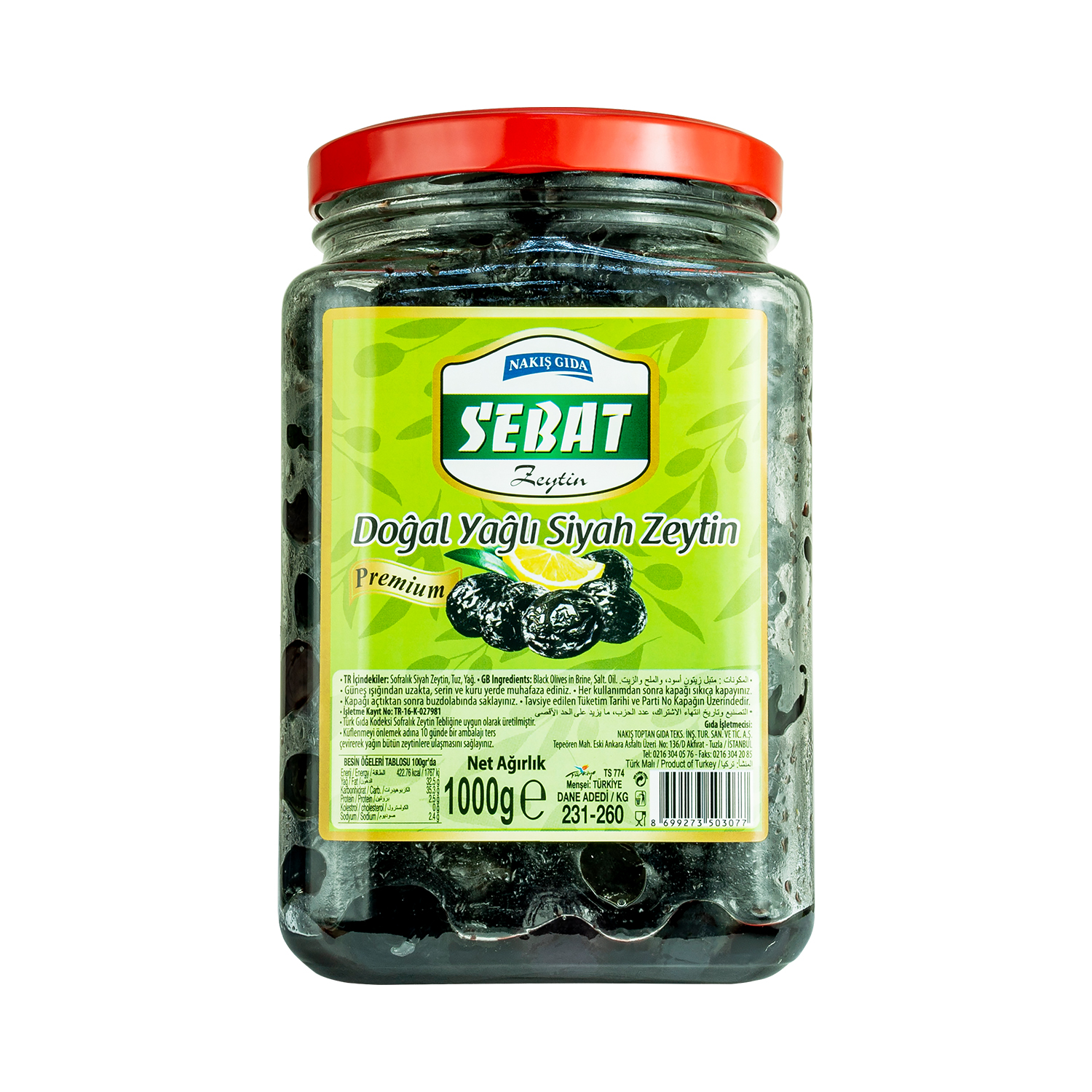Sebat 231-260 Premium Yağlı Siyah Zeytin 1 KG