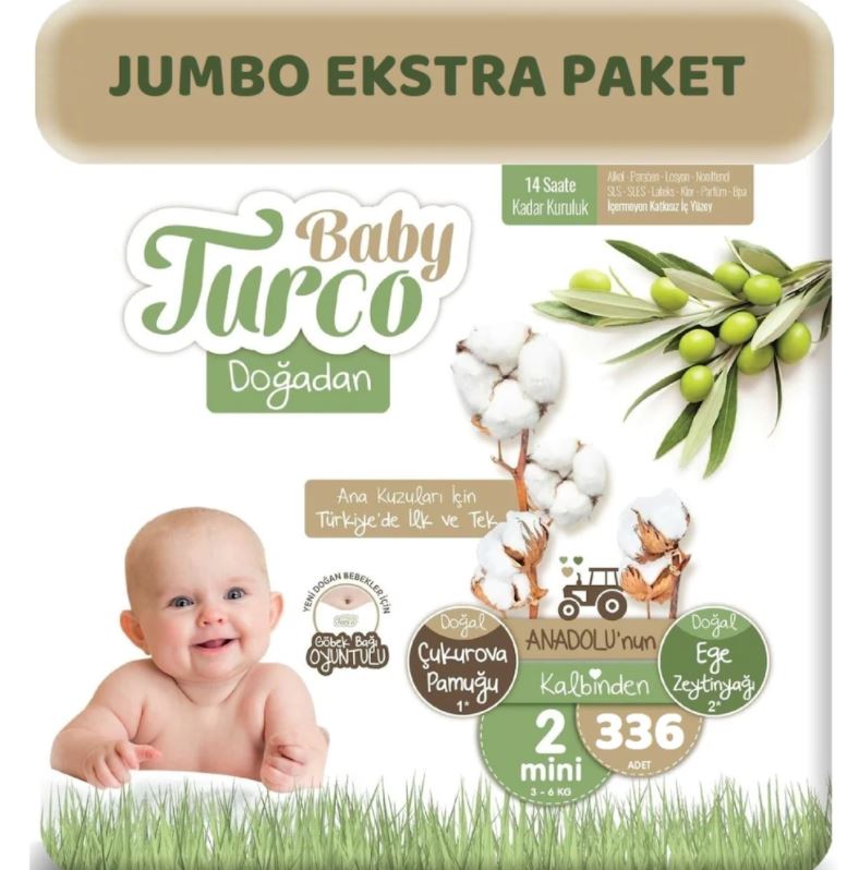 Baby Turco Doğadan Bebek Bezi 2 Numara Mini Jumbo Ekstra Paket 336 Adet