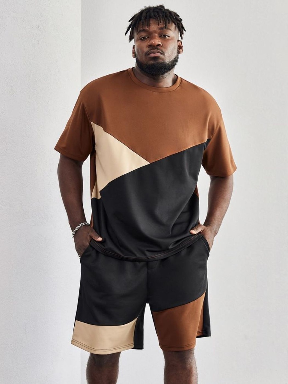 Erkek Taba Colour Block Desen Oversize Şortlu Takım