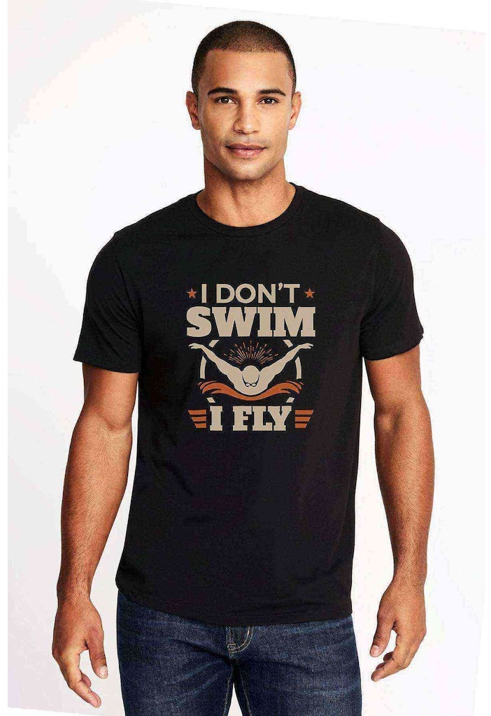 I Dont Swim I Fly Baskılı Siyah Erkek Tshirt