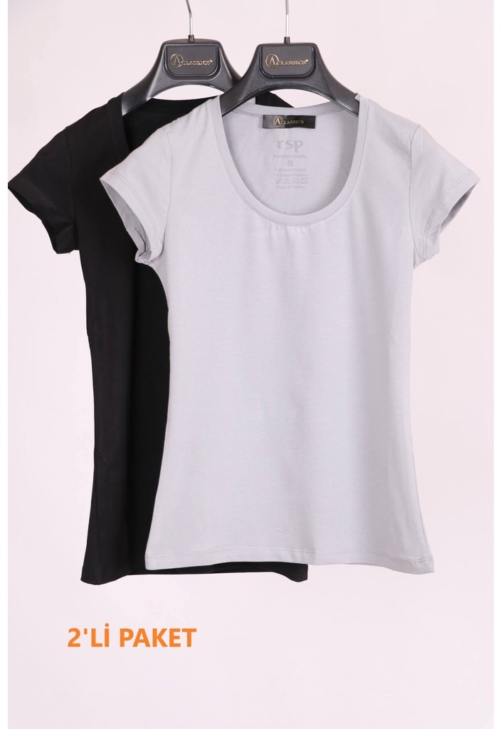 Gri Siyah U Yaka Yarım Kollu Pamuk Slim Fit 2'Li Paket T-Shirt