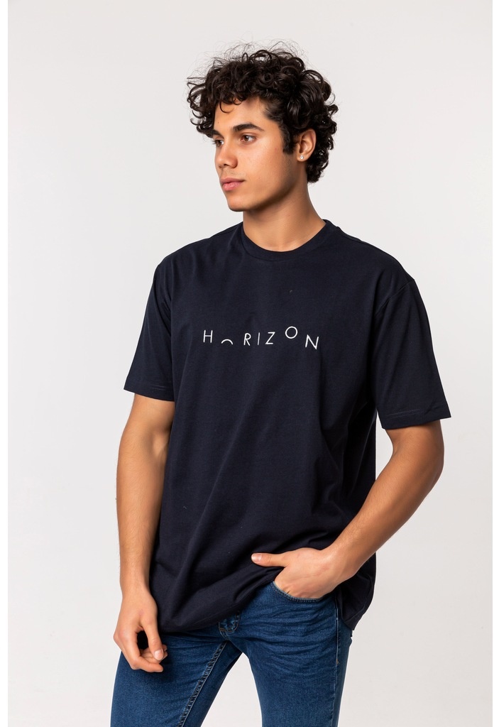 Horizon Nakışlı Lacivert %100 Pamuk Oversize Büyük Beden T-Shirt Lacivert