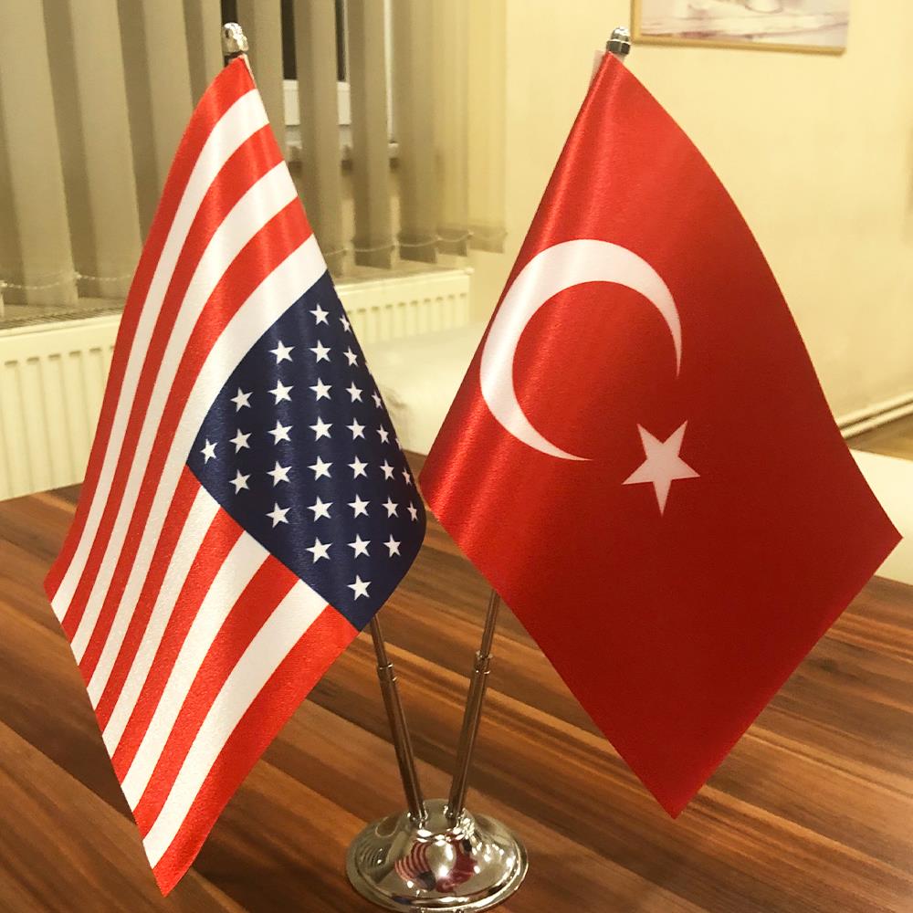 Amerika-Türkiye Masa Bayrağı Krom Direkli İkili Bayrak