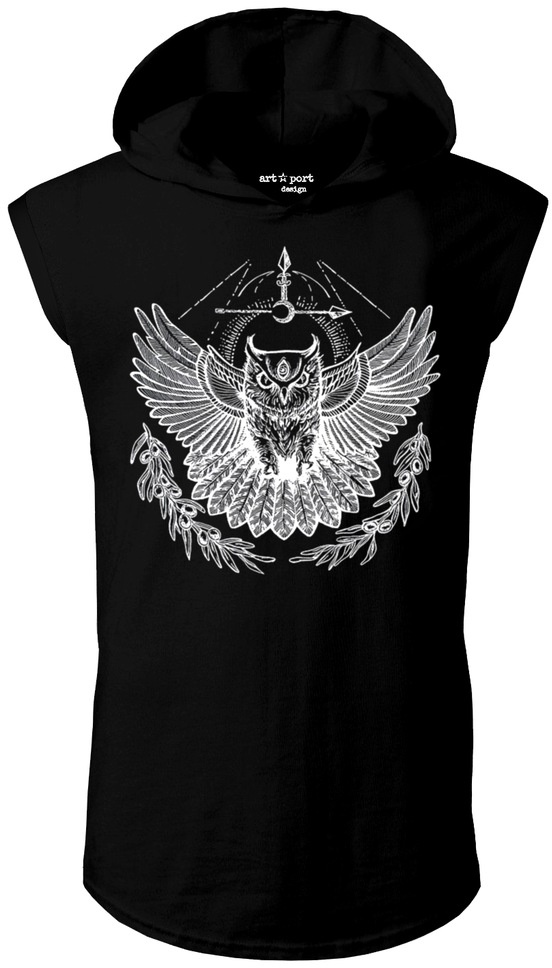 Unisex Minerva Baykuş Tasarım Kapşonlu Kolsuz Siyah T-Shirt-Siyah