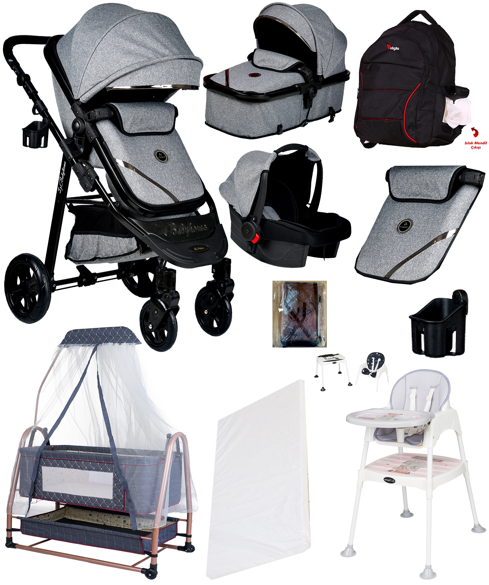 Baby Home 10 in 1 Yeni Ekonomi Paketi 940 Corso Travel Sistem Bebek Arabası 505 Bebek Sepeti Anne Yanı Beşik 1450 Mama Sandalyesi