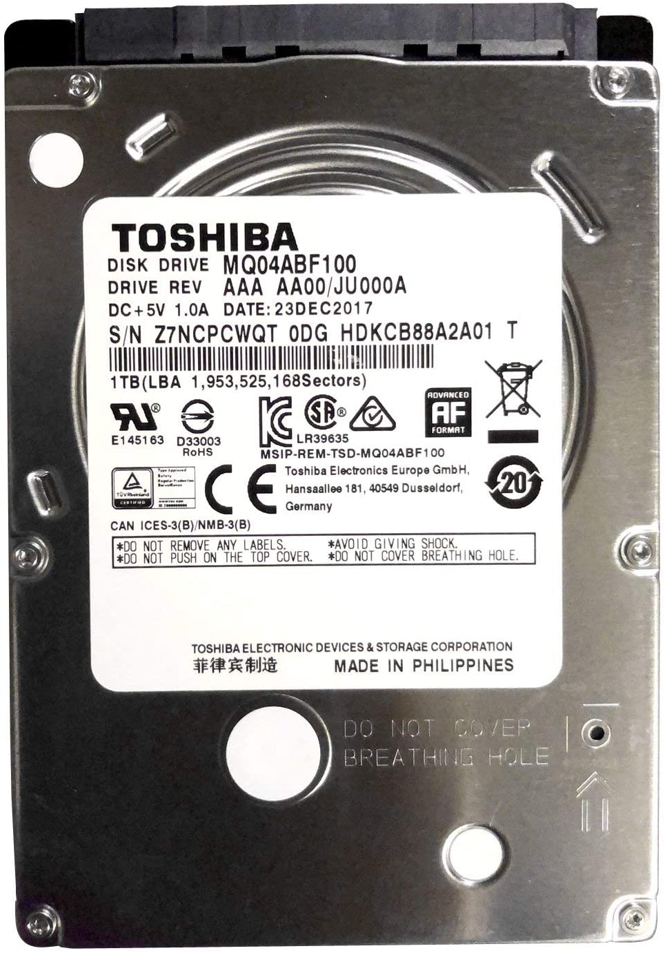 Toshiba MQ04ABF100 2.5" 1 TB 5400 RPM SATA 2 128 MB HDD