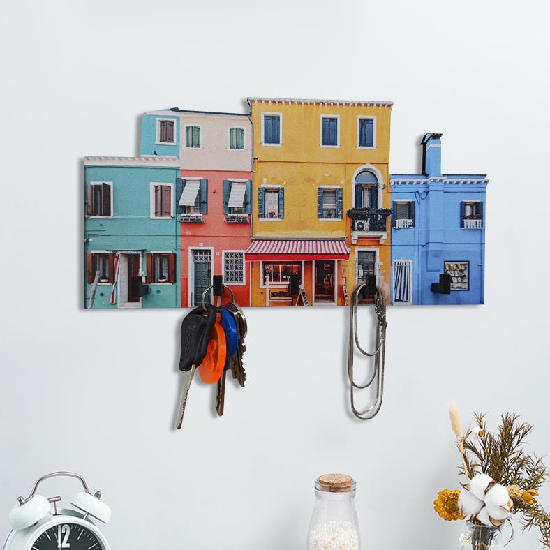 Cajuart Renkli Ev Desenli Ahşap Anahtarlık Hol Antre Anahtar Askı