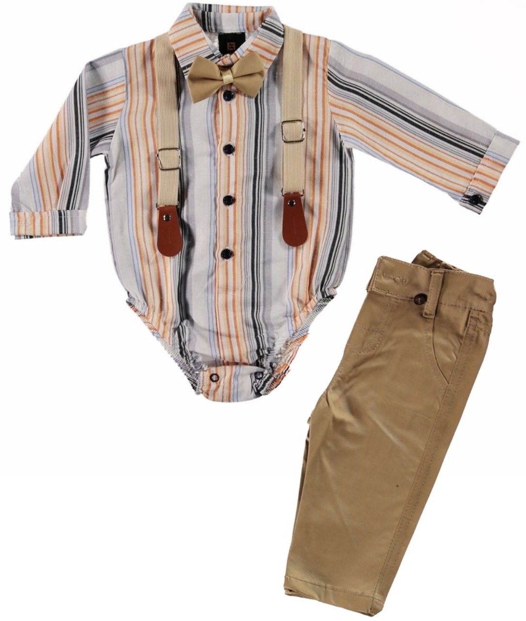 Erkek Bebek Hardal Renk Papyonlu Gömlek Zıbın Ve Bej Renk Pantolon Bayramlık Pantolon Askılı 2 Parça Alt Üst Takım