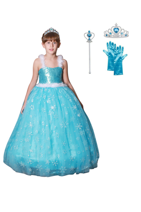 Prenses Elsa Askılı Kostüm Taç Asa Eldiven 1 - 12 Yaş
