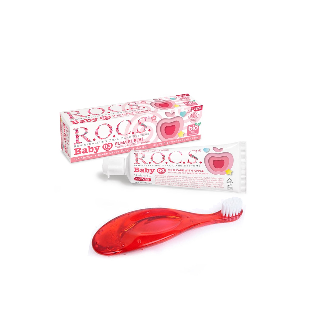 Rocs Baby 0 - 3 Yaş Elma Püresi Aromalı Florürsüz Çocuk Diş Macunu 35 ML + Diş Fırçası