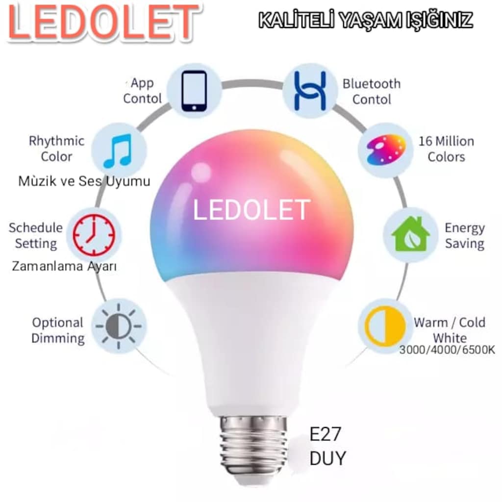 Ledolet 9W Led Ampul Rgb+Cct Beacon Bluetooth Yeni Nesil Müzik Ri