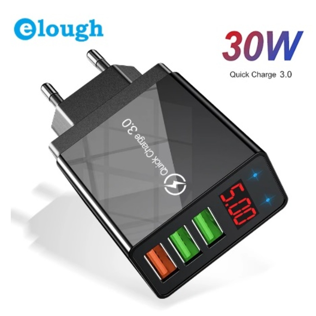 Elough 30W Qc 3.0 Led Ekran 3Usb Cep Telefonu Hızlı Şarj Adaptörü